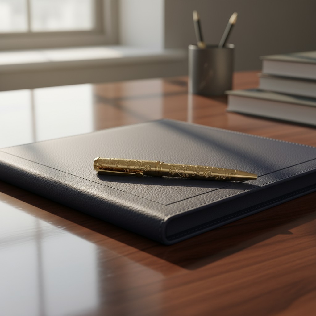 A wrapped in leather, blue book with an intricate, gold pen lies on a wooden deem, quietly awards subtle details and intri...