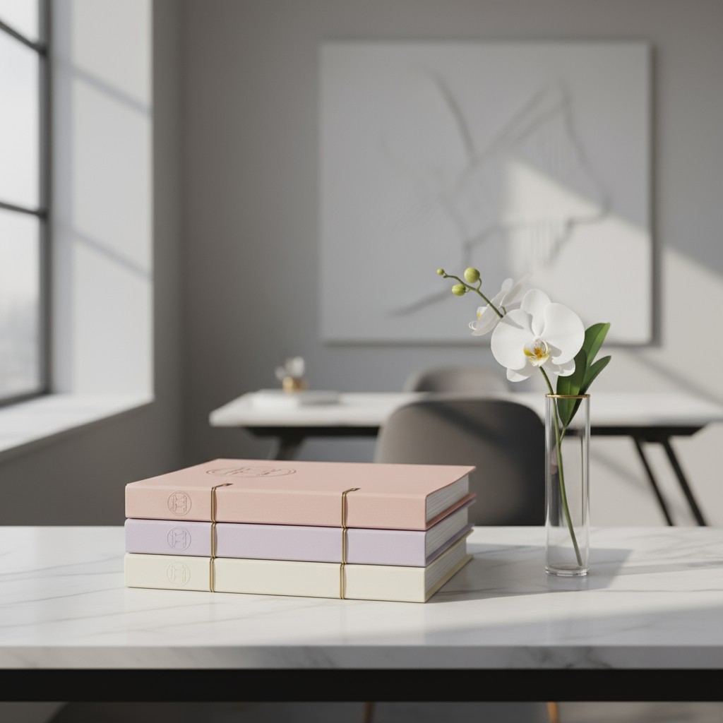 A beautifully designed home office space with 3 books containing covers in various pastels, adorned with gold binder clasp...